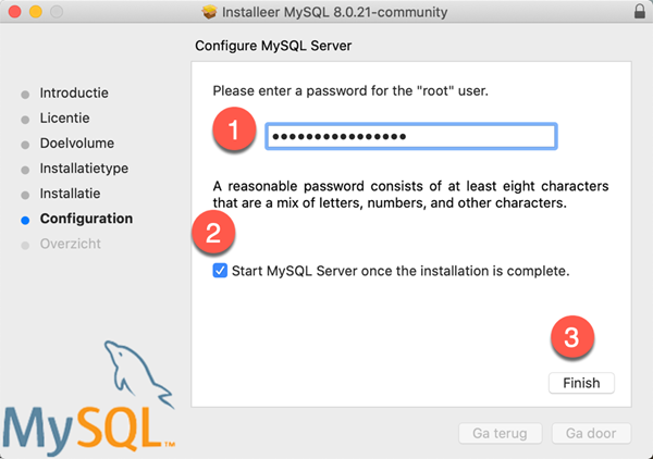 macOS MySQL Community Server Installatie dialoogvenster Configuration